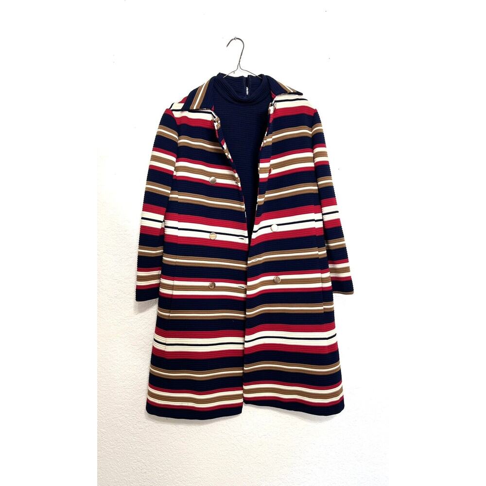 Vintage 1970s Act Three Mod Striped Jacket And Navy Blue Dress Set